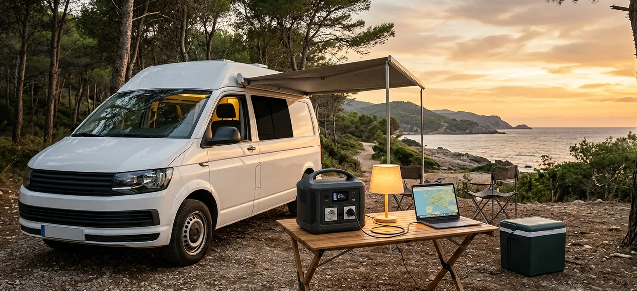Una estación de energía portátil con una lámpara y un portátil enchufados sobre una mesa de camping, junto a una furgoneta camper al atardecer