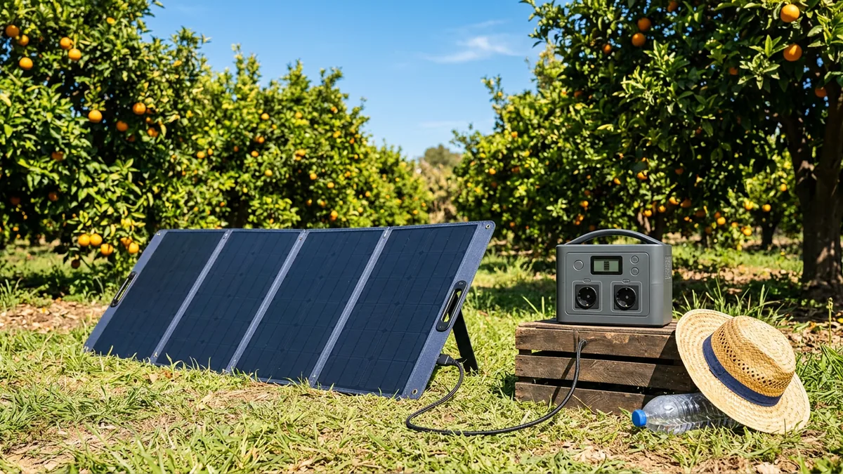 Una placa solar plegable abierta sobre la hierba de un naranjal, con su cable conectado a una estación de energía sobre una caja de madera