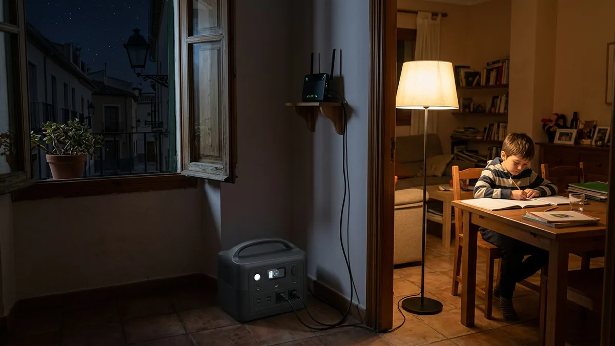 Una estación de energía en el suelo del pasillo de una casa durante un apagón, encendiendo una lámpara de pie y el router