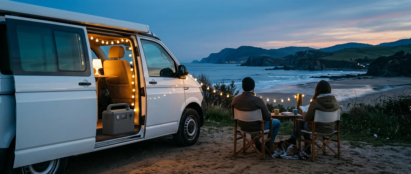 Una furgoneta camper con la puerta abierta junto a una playa al anochecer, con guirnaldas de luces encendidas por una estación de energía y dos personas sentadas fuera